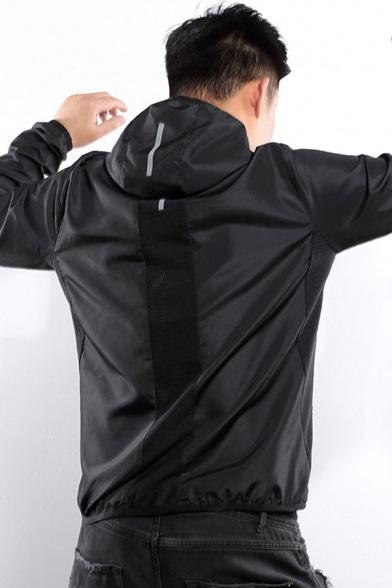 Mens Fashion Jacket Reflective Stripe Pattern Patchwork Zip Closure Hooded Pockets Long-sleeved Regular Fit Track Jacket