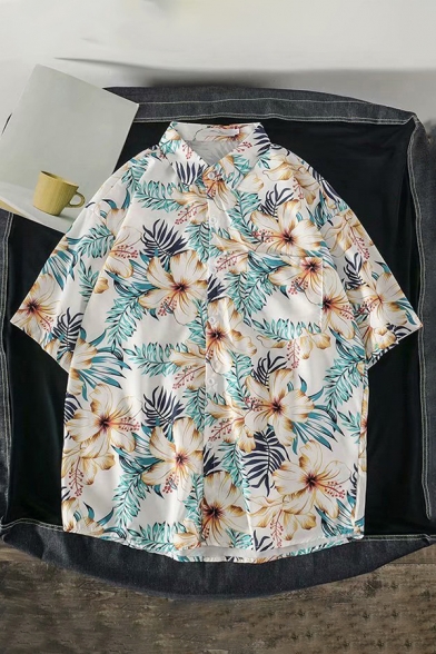 Mens Shirt Fashionable Hibiscus Leaf Pattern Button-down Half Sleeve Point Collar Loose Fit Shirt with Chest Pocket