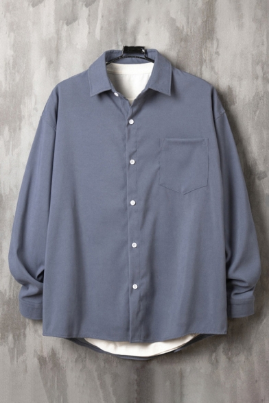 Mens Shirt Stylish Plain Button-down Long Sleeve Spread Collar Loose Fit Shirt with Chest Pocket