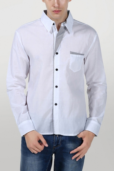Mens Shirt Trendy Plaid Panel Edging Button up Turn-down Collar Long Sleeve Regular Fit Shirt