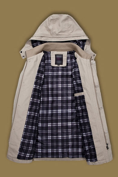 Mens Trench Coat Creative Button Decoration Plaid Lined Zipper up Long Sleeve Slim Fitted Mid-Length Hooded Trench Coat