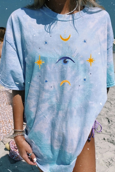 Novelty Tee Top Womens Crescent Moon Sun Star Eye Pattern Tie Dye Round Neck Tunic Loose Fitted Half Sleeve Tee Top
