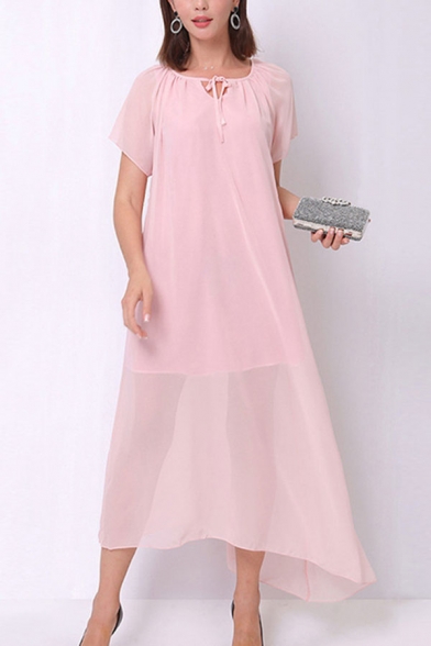 Pink Simple Solid Color Boho Style Keyhole Tie Front Short Sleeve Chiffon Midi Swing Dress for Women