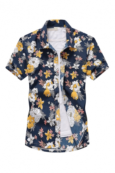 Popular Shirt All over Floral Printed Button up Short Sleeve Turn down Collar Regular Fitted Shirt for Men