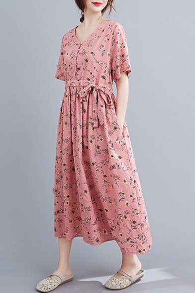 Popular Womens Ditsy Floral Printed Drawstring Waist Pleated Button Front V Neck Short Sleeve Cotton Linen Oversize Midi A-Line Dress
