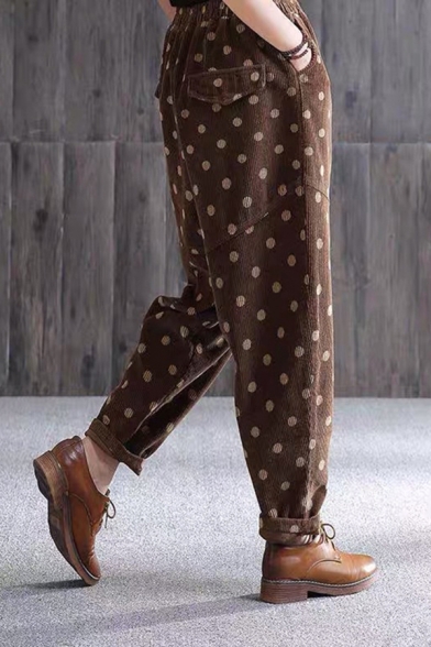 Popular Womens Polka Dot Patterned Corduroy Elastic Waist Rolled Cuffs Ankle Oversize Pants