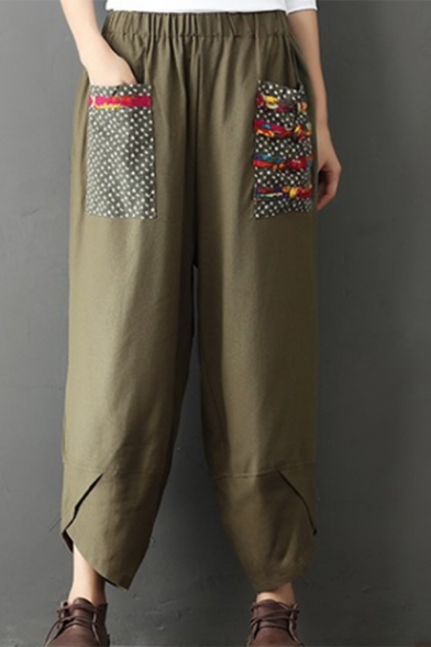 Retro Ethnic Style Patchwork Elastic Waist Casual Loose Wide Leg Pants Linen Pants for Women