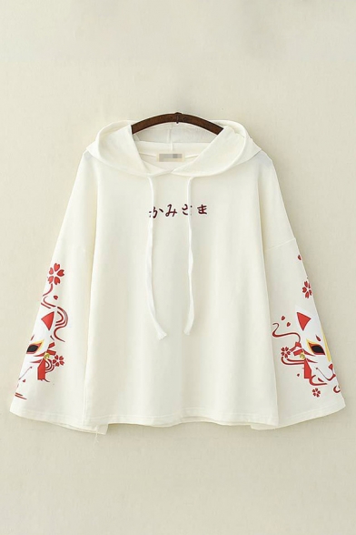 Retro Girls Japanese Letter Embroidered Fox Print Long Sleeve Drawstring Loose Hoodie