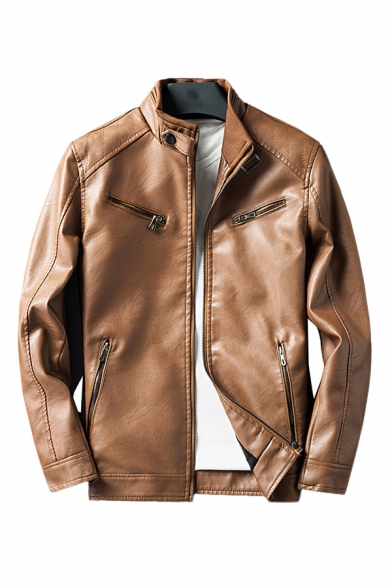 Retro Mens Jacket Buckle Mock Neck Zipper Decorated Long Sleeve Regular Fit Leather Jacket