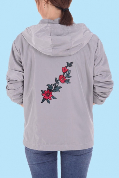 Retro Mens Jacket Rose Embroidery Bungee-Style Hem Zipper up Long Sleeve Regular Fit Hooded Windbreaker Jacket