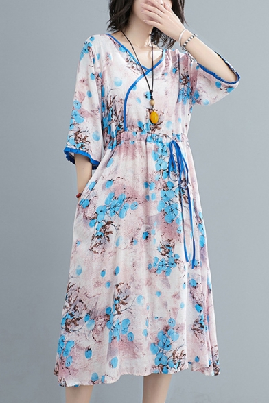 Retro Womens Tie Dye Flower Print Contrast Trim Drawstring Waist V Neck 3/4 Sleeve Oversize Midi Dress in Blue