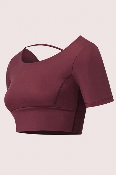 Sexy Fitness Womens Quick Dry Short Sleeve Hollow Out Back Short Sleeve Crew Neck Slim Fit Crop T Shirt in Burgundy