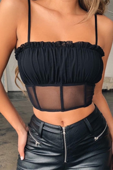 Sexy Womens Solid Color Spaghetti Straps Stringy Selvedge Ruched Sheer Mesh Slim Fit Crop Cami Top