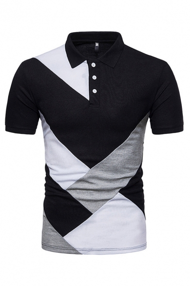 Stylish Men's Polo Shirt Color Block Short Sleeve Spread Collar Button Placket Slim Fitted Polo Shirt