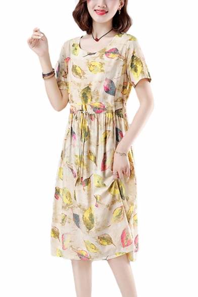 Stylish Plant Printed Drawstring Waist Round Neck Short Sleeve Oversized Midi A-Line Dress for Women