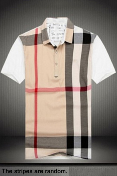 Summer Fashion Check Printed Short Sleeve Loose Fit Cotton Polo for Men