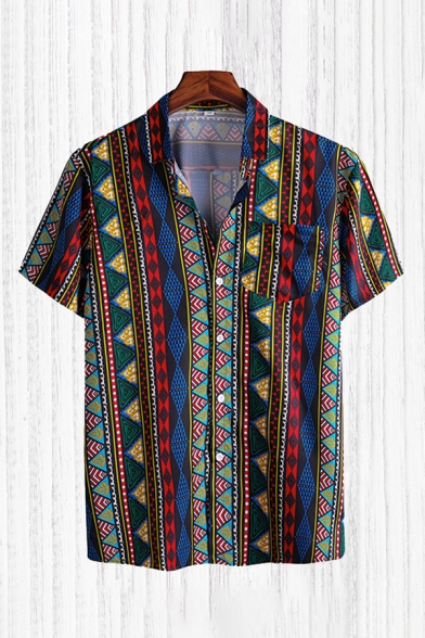 Trendy Shirt Geometric Colorblock Pattern Button up Pocket Short Sleeve Point Collar Regular Fitted Shirt for Men