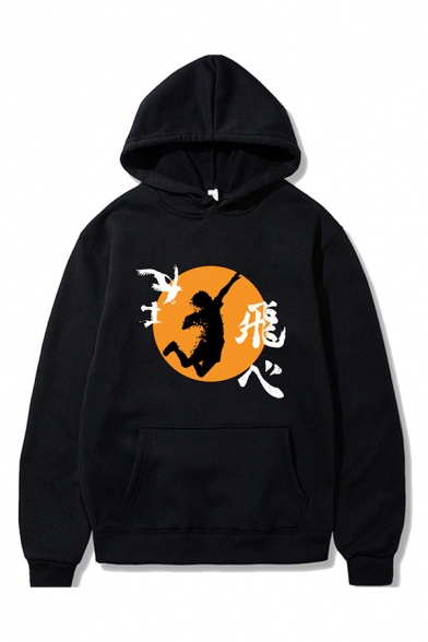 Unique Mens Anime Character Chinese Letter Graphic Printed Drawstring Kangaroo Pocket Long Sleeve Loose Fit Hooded Sweatshirt