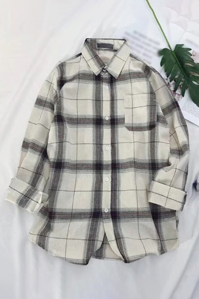 Vintage Mens Shirt Plaid Pattern Button-down Long Sleeve Point Collar Loose Fit Shirt with Chest Pocket