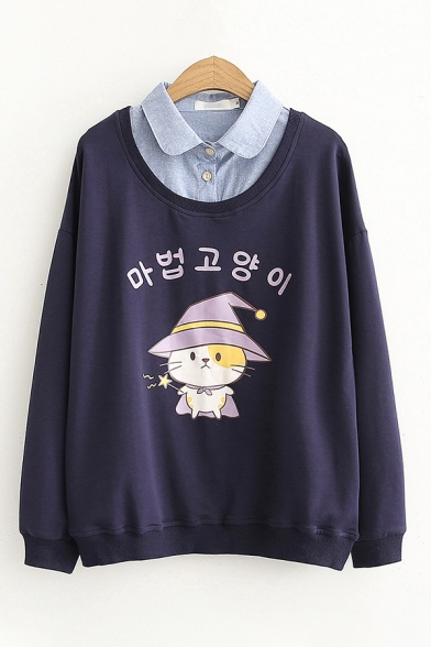 Vintage Womens Pullover Sweatshirt Cat Hat Japanese Letter Pattern False Two Pieces Lapel Collar Cuffed Loose Fit Long Sleeve Pullover Sweatshirt