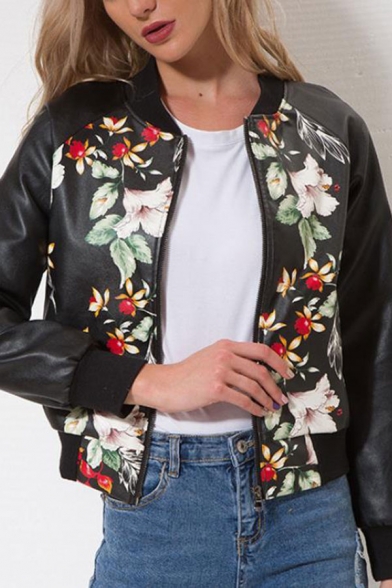 Women's Cool Punk Style Floral Printed Rib Stand Collar Zip Up PU Leather Baseball Jacket