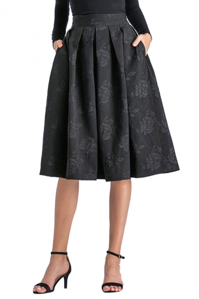 Women's Fancy Skirt Rose Floral Pattern Jacquard High Waist Pleated Detail Pocket Zip Fly Knee Length A-Line Skirt