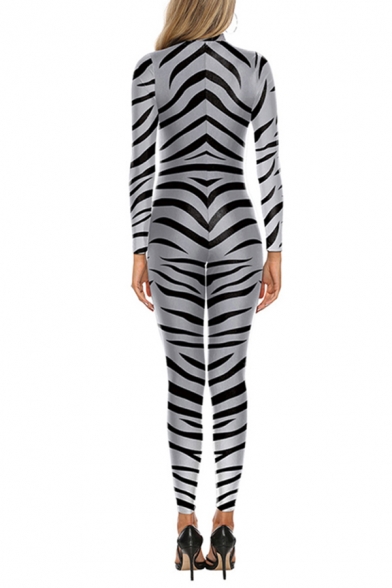 Womens 3D Jumpsuits Chic Zebra Stripe Printed Long Sleeve High Neck Slim Fitted 7/8 Length Jumpsuits