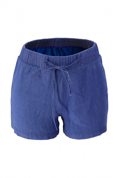 Womens Blue Shorts Stylish Plain Stretch Ice Silk Drawstring Waist Loose Fitted Relaxed Shorts
