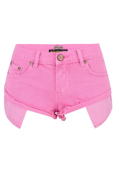 Womens Fancy Shorts Solid Color Raw Hem Mid-rise Mini Zip Placket Slim Fit Pockets Pink Denim Shorts