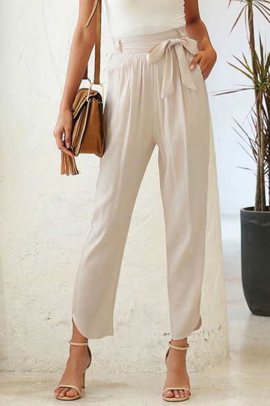Womens Pants Chic Plain Bow-Tie 7/8 Length High Waist Cropped Regular Fitted Tapered Relaxed Pants