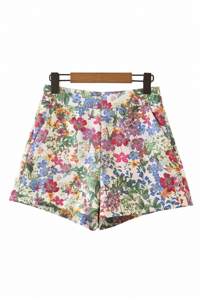 Womens Shorts Stylish Colorful Flower Leaf Painting Wide Leg Loose Fitted Shorts