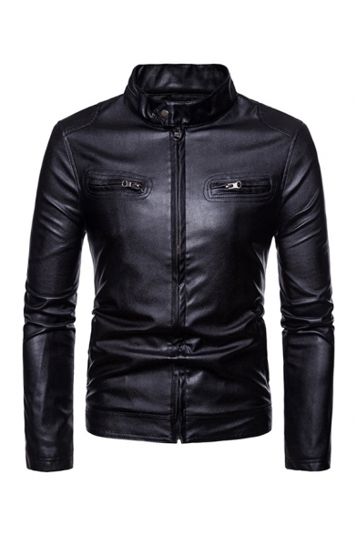 Basic Mens Jacket Chest Pockets Zipper down Mock Neck Long Sleeve Slim Fitted Leather Jacket