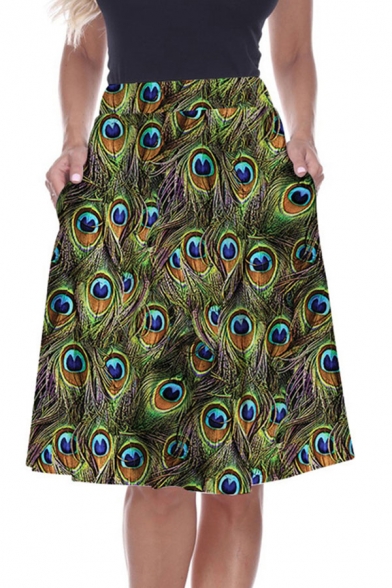 Basic Womens 3D Skirt Peacock Feather Printed High Rise Knee-Length A-Line Swing Skirt