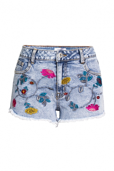 Basic Womens Blue Shorts Flower Embroidery Mid Waist Frayed Hem Slim Fitted Zipper Fly Denim Shorts