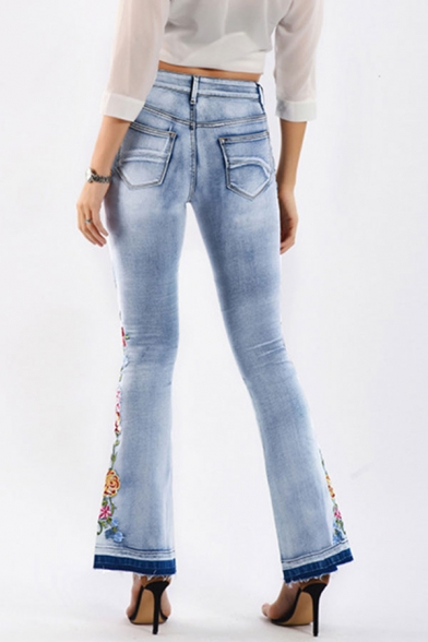 Basic Womens Jeans Light Wash Floral Embroidered Mid Waist Zipper Fly Ankle Length Regular Fit Flare Jeans