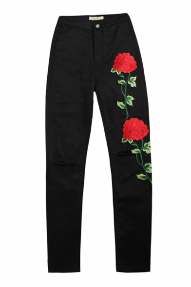 Black Basic Womens Jeans Rose Embroidery Ripped Zipper Fly Ankle Length Slim Fit Tapered Jeans