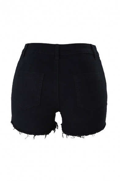 Black Vintage Womens Shorts Plain Frayed Hem Lace-up Front Slim Fitted Zipper Fly Denim Shorts