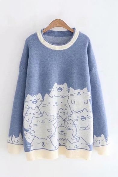 

Cat Printed Contrasted Long Sleeve Crew Neck Knitted Loose Fit Tunic Fashion Sweater, Blue;orange, LM687320