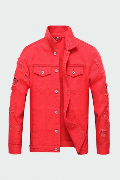 Chic Jacket Solid Color Pockets Spread Collar Long-sleeved Button Closure Ripped Regular Fitted Denim Jacket for Men