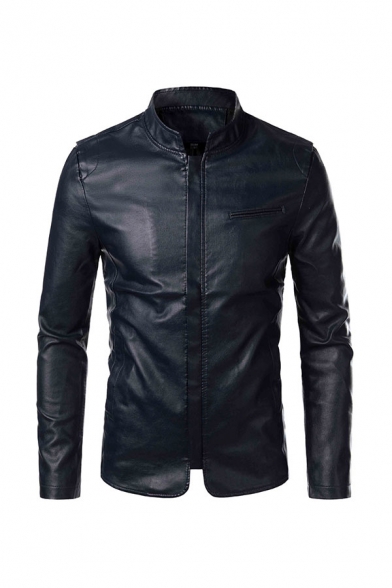 Chic Jacket Solid Color Stand Collar Long-sleeved Zipper Side Split Patched Detail Slim Fitted Leather Jacket for Men