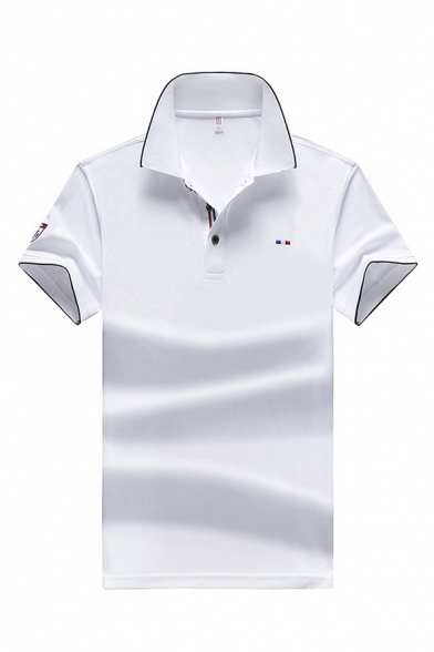 Classic Mens Polo Shirt Striped Tape Embellished Button Detail Turn-down Collar Slim Fit Short Sleeve Polo Shirt