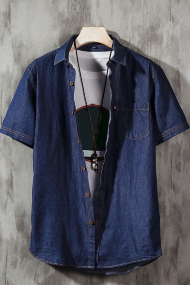 Classic Mens Shirt Plain Turn-down Collar Button-down Regular Fit Short Sleeve Denim Shirt