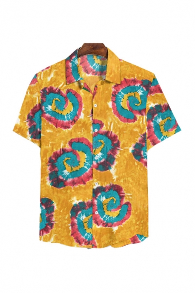 Classic Mens Shirt Spiral Painting Spread Collar Button-down Regular Fit Short Sleeve Shirt