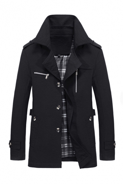 Classic Mens Trench Coat Plaid Lined Zipper Embellished Button Fly Notched Lapel Collar Long Sleeve Slim Fitted Hooded Trench Coat