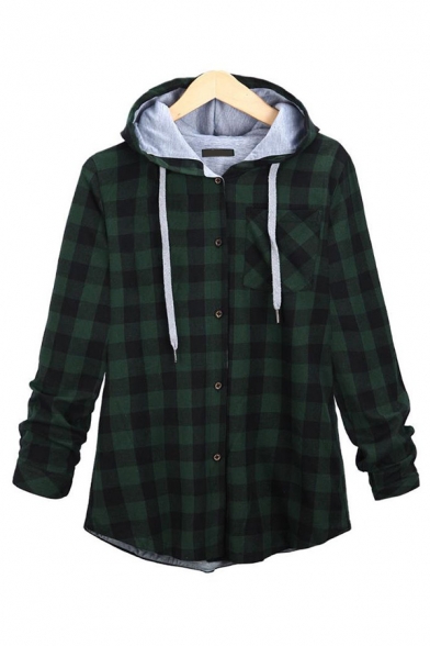 Classic Plaid Printed Button Front Long Sleeve Light Casual Loose Green Drawstring Hoodie