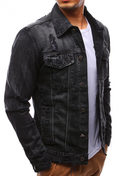 Cool Mens Jacket Faded Wash Ripped Flap Chest Pockets Button up Turn-down Collar Long Sleeve Slim Fitted Denim Jacket
