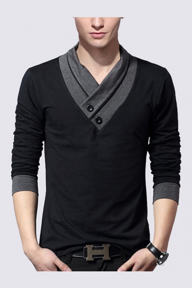 Cool Mens Tee Top Color Block Button Detail Asymmetric Neck Slim Fitted Short Sleeve Tee Top