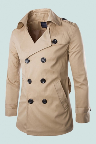 Cool Mens Trench Coat Plain Double-Breasted Epaulette Wide Lapel Collar Mid-Length Long Sleeve Slim Fitted Trench Coat