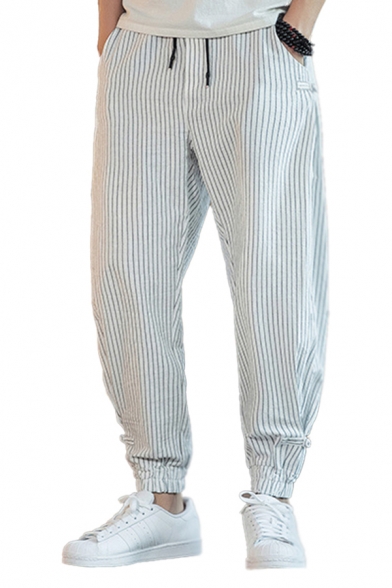 Fashionable Mens Linen Stripe Printed Drawstring Waist Cuffed Ankle Length Carrot Fit Pants