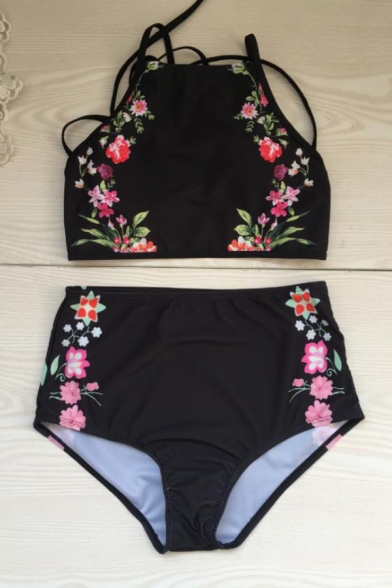 Floral Printed Halter Crop Top with High Waist Bottom Bikini
